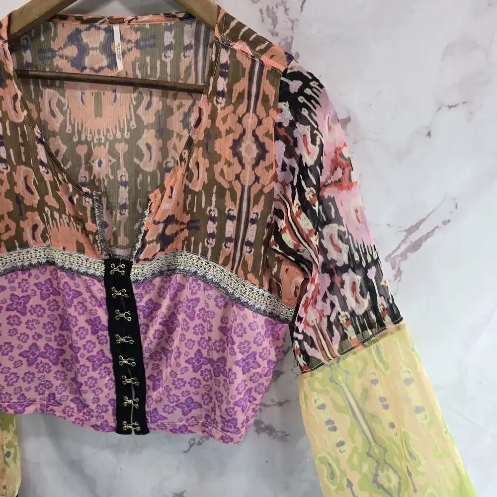 Free People Shirt Womens Large Pink Walk That Patchwork Wide Bell Blouse Crop